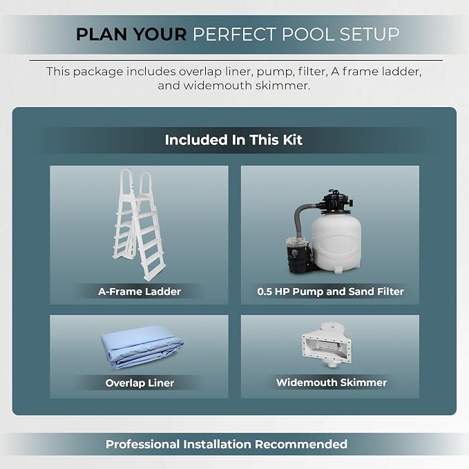 Blue Wave San Pedro 15-ft Round 52-in Deep Hard Sided Steel Frame Above Ground Pool with 6-in Steel Top Seats, 0.5 HP Sand Filter System, Ladder, Skimmer & Liner – 5,130-Gallon Capacity for Family Use