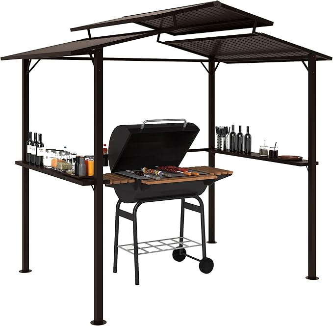 Outsunny 8' x 5' Hardtop Grill Gazebo with Double Metal Roof, 2 Side Shelves and 4 Cup Holders, Outdoor BBQ Gazebo, Grill Canopy for Patio Backyard Lawn Deck
