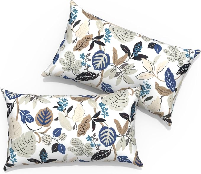 Outdoor Lumbar Pillows 12x20 inch, Rectangle Throw Pillows with Inserts, Decorative Lumbar Cushions for Patio Furniture Garden Couch Home Sofa Office Chair, Pack of 2, Breeze Leaves Beige