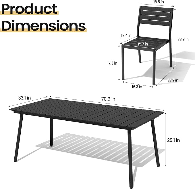7-Piece Outdoor Dining Set for 6 Person with Black Wood-Grain Top | Armless Stackable Chairs with 19.4" Seat Depth, Aluminum Frame Dining Furniture with Umbrella Hole for Deck, Porch & Backyard