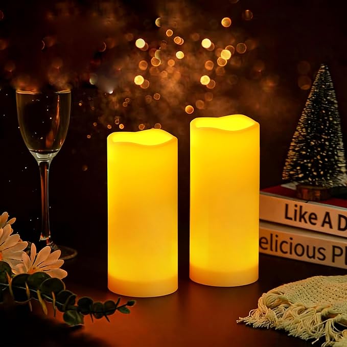 Waterproof Outdoor Battery Operated Flameless Candles with Auto Timer Flickering Plastic Resin Electric LED Pillar Lights for Lantern Patio Garden Wedding Party Decorations 3x7 Inches 2 Pack Ivory