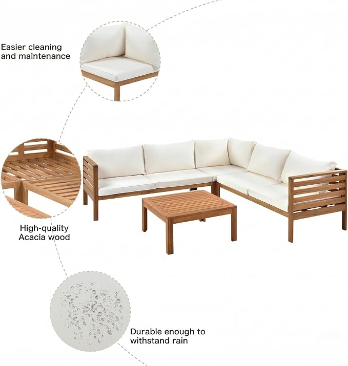 Wood Structure Outdoor Sofa Set, Acacia Wood Conversation Sofa and Table Set with Water-Resistant Cushions, Sectional Sofa Set for Gazebo Garden Balcony Poolside, Beige