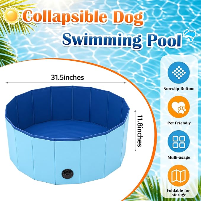 Chunful Blue Foldable Dog Pool with Storage Bag, Pet Swimming Pool Hard Plastic Portable Bath Tub for Dogs, Cats, Backyard, Beach, and Summer Play, Indoor & Outdoor Use (31.5" X 12")