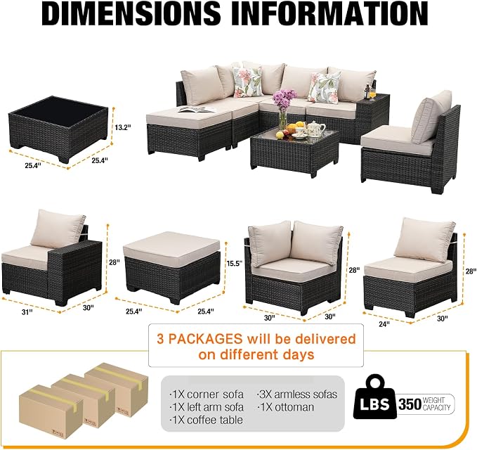 JOYURE 7 Pieces Patio Furniture Set All-Weather Outdoor Wicker Sectional Conversation Sofa Rattan Patio Seating Sofa with Cushion and Glass Table and Ottoman for Porch,Beige