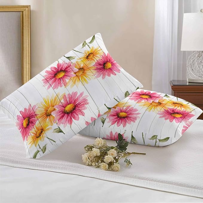 Yellow Pink Daisy Outdoor Pillow Covers 20"x12" Set of 2, Rustic Farmhouse Wooden Slats Waterproof Throw Pillow Covers for Patio Furniture, Decorative Cushion Covers for Porch