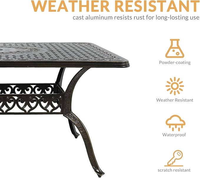 7-Piece Outdoor Patio Dining Set, 60” Rectangular Cast Aluminum Dining Table with Umbrella Hole and 6 Outdoor Dining Cushioned Chairs, Patio Funiture Set for Backyard, Patio, Garden