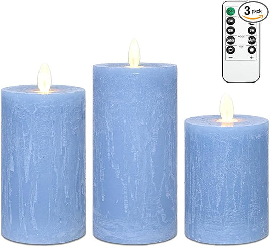 Rustic Blue Flameless Candles with Remote Control & Timer Real Wax Ocean Pillar LED Candles Rough Texture Design Battery Candles for Home Party Nautical Wedding Christmas Valentine's Day Decor