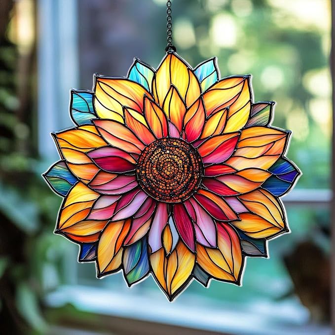 Colorful Sunflower Acrylic Suncatcher, Boho Suncatchers for Window Hanging Ornament, Stained Glass Effect Art Garden Decor for Flower Lover, Gifts for Mother's Day, Mom, Grandma, Wife, Women, Nana