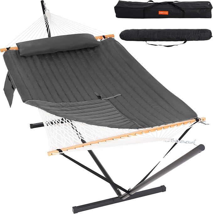 Lazy Daze Hammocks 2 Person Portable Hammock with 12FT Stand, Double Hand Woven Cotton Rope Hammock with Detachable Quilted Pad & Pillow for Outside, 450lb Capacity, Grey