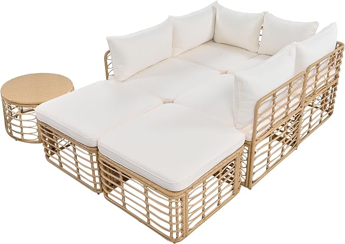 LUMISOL 7-Piece Patio Furniture Set, All-Weather PE Rattan Wicker Sectional Sofa Set with Thick Cushions & Pillows, Modular Outdoor Conversation Set for Patio Backyard Garden Balcony, Beige