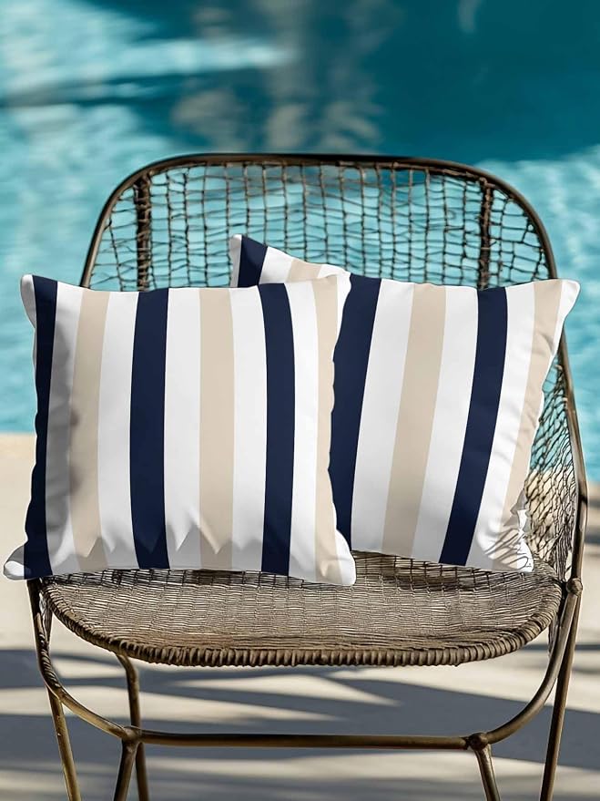 Outdoor Pillows Waterproof, Beige Navy Blue Striped Bedding Throw Pillows with Insert for Couch Sofa Bed, Farmhouse Stripe Art 16x16 Inch Pillowcases Decorative Camping Patio Pillow Set of 2