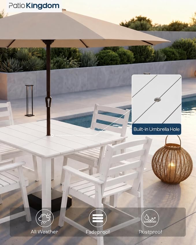 HDPE Outdoor Dining Set for 4, Armchairs, White | All-Weather HDPE, Wood Grain Finish, 42.5" Square Table, Built-In Umbrella Hole, Seats 4, Patio & Poolside Ready