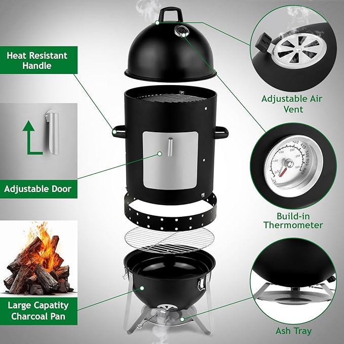 VINGLI 4-Tier 3-in-1 Vertical Charcoal Grill, 18.8 Charcoal Smoker with Built-in Thermometer, Air Vent and Access Doors, Perfect for Outdoor Cookings, Camping, Picnics, BBQs, and Tailgating Parties
