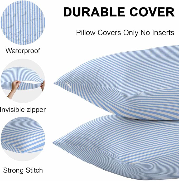 Pack of 2 Striped Outdoor Pillow Waterproof Covers 26x26 inch, Blue Ocean Polyester Throw Pillow Covers Garden Cushion Decorative Case for Patio Couch Decoration Set of 2