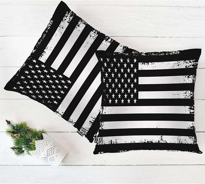 Swono Retro American Flag Decorative Throw Pillows Covers, Grunge USA Flag Square Pillow Cushion Covers for Man Woman, Pillowcases Decor for Home Sofa Bed Garden 2 Packs 18x18 Inch, Black White