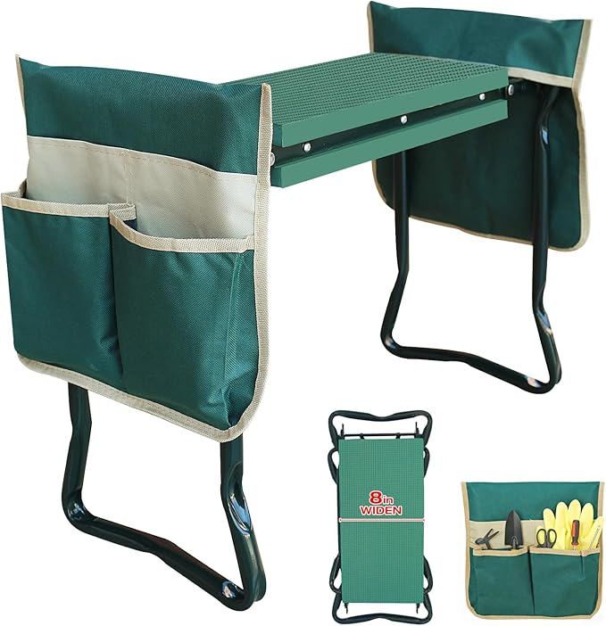 RAIN SPIRIT Garden Kneeler and Seat with Thicken & Widen Soft Kneeling Pad,Heavy Duty Gardening Bench Kneeler and seat Foldable Gardening Stool with 2 Tool Pouches，Gifts for Women, Seniors, Mom & Dad