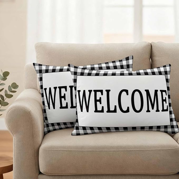 Welcome Black Outdoor Pillow Covers Set of 2 White Buffalo Check Plaid Waterproof Throw Pillow Cover Decorative Cushion Cases for Patio Porch Garden 20X12 Inch