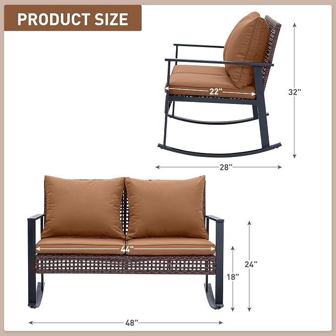 Ainfox Outdoor Wicker Loveseat Rocking Chair, Patio Rattan Rocker Chair with Cushions，All-Weather Modern Cozy Rocking Wicker Furniture for Garden Balcony Porch, Brown