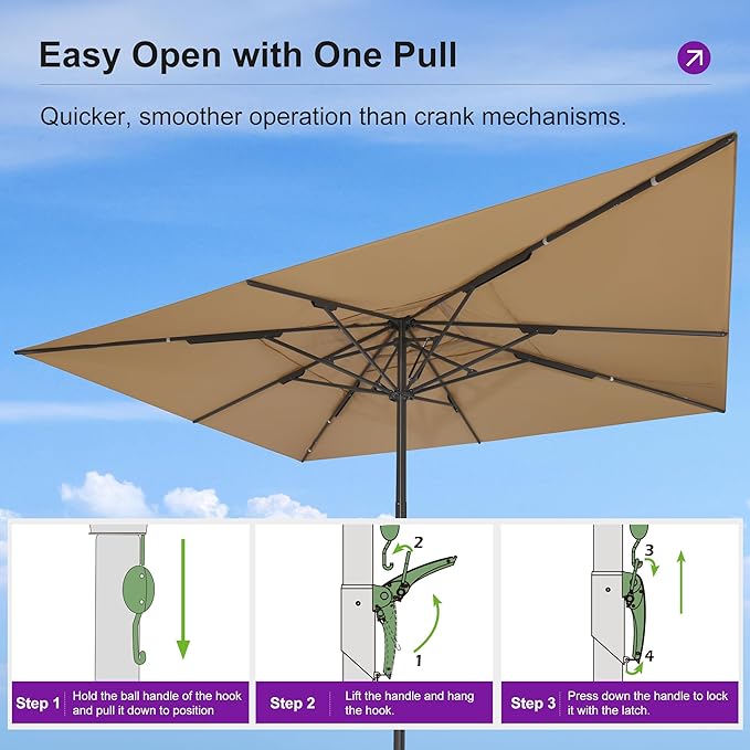 PURPLE LEAF 15' x 11' Rectangular Semi-Auto Outdoor Patio Umbrella Aluminium Market Umbrella Table Sun Umbrella with 3.15" Rod and 8 Sturdy Ribs for Deck Lawn Pool Garden, Beige