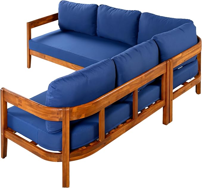 Acacia Wood L-shaped Outdoor Corner Sofa, Patio Conversation Furniture Set With 6 Soft Seat Cushions and Backpack , All Weather Outdoor Patio Sofa with Arc frame for Backyard, Garden (Blue-3.20)