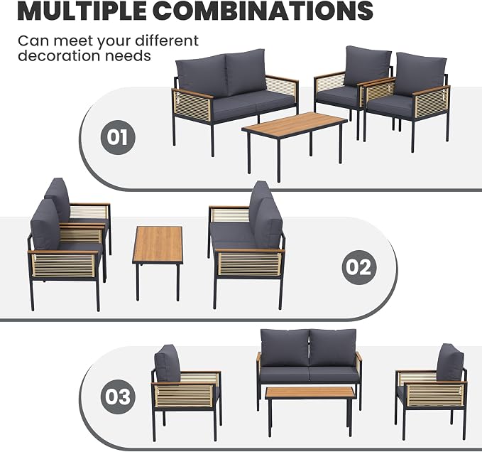 4 Pieces Patio Furniture Set, Outdoor Furniture Set with Table and Chairs, Metal Patio Conversation Sets with Thick Waterproof Cushions for Backyard, Garden, Poolside, Dark Grey (4 Seats)