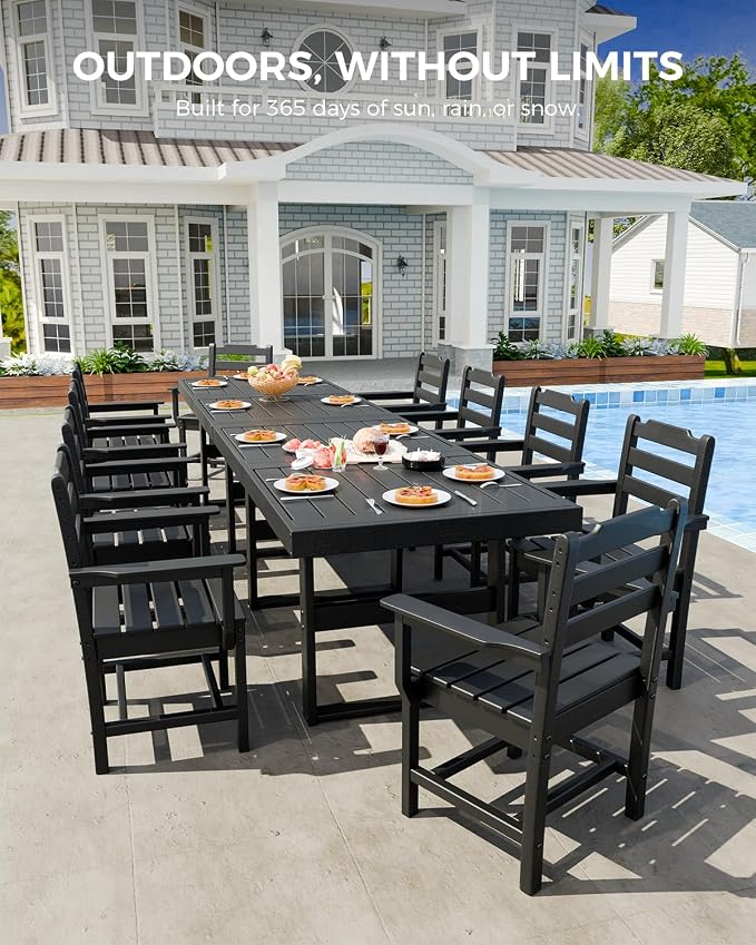 K Knowbody 12-Piece Outdoor Patio Dining Table and Chairs Set, Seats 10 | Steel-Reinforced HDPE, 100 lb/sq ft Load Capacity, 2-Inch Umbrella-Ready Tables, All-Weather, Fade-Resistant, Charcoal Black