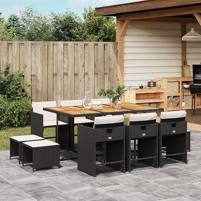 11 Piece Patio Dining Set with Cushions Black Poly Rattan Outdoor Garden Furniture Table 6 Chairs 4 Stools Space Saving Foldable UV Proof