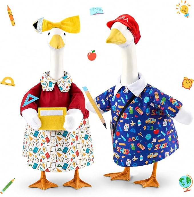 2 Set Back to School Porch Goose Outfit for 23" Cement Goose Statues | Concrete Plastic Classroom Geese Clothes with Apple Bag, Bow & Dress for Indoor Outdoor Yard Garden Patio Decor