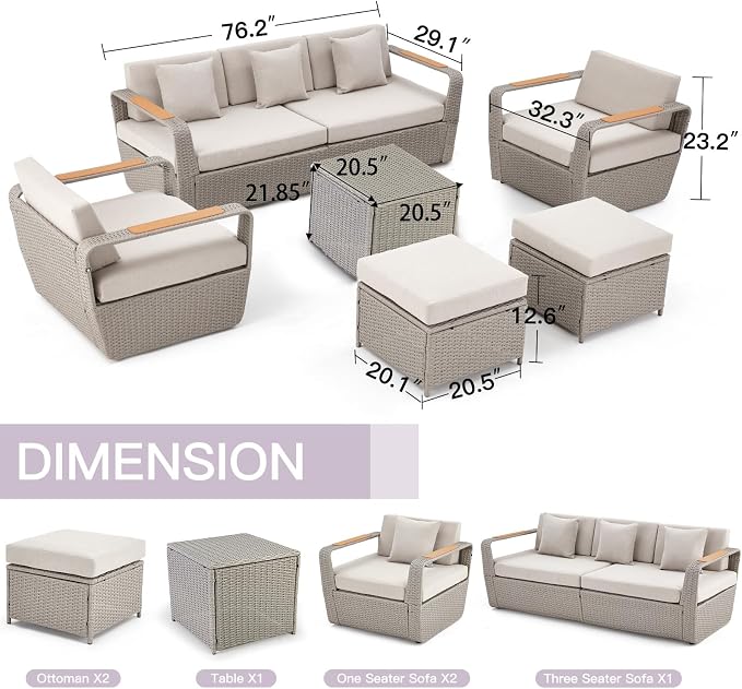 HOMREST Patio Furniture Set, Oversized 7-Seat Outdoor Sectional with Ottoman and Coffee Table, Wicker Rattan Patio Sofa Set with 5" Thick Removable Cushions for Garden, Porch, Backyard, Light Gray