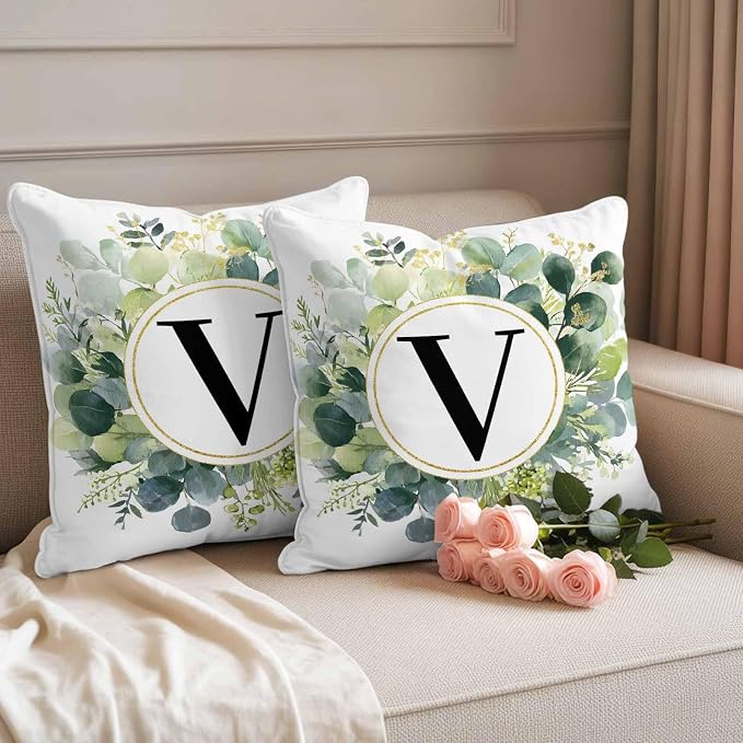 Letter V Waterproof Outdoor Pillow Covers Set of 2 Home Decor, Alphabet Green Eucalyptus Leaves Pillowcase Patio Pillow Covers for Couch Bench Patio Furniture Garden 24x24in