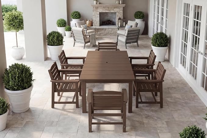 Perli™ 7-Piece Outdoor Dining Set, All-Weather HDPE Patio Furniture with 6 Ergonomic Chairs & Large Table, Built-in Umbrella Hole, UV-Resistant Set for Backyard, Deck, Poolside, Coffee
