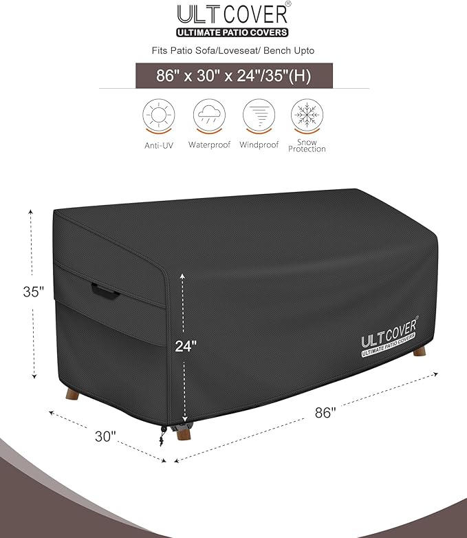 ULTCOVER Waterproof Outdoor Sofa Cover - Heavy Duty Patio Bench Covers 86W x 30D x 35H inch, Black