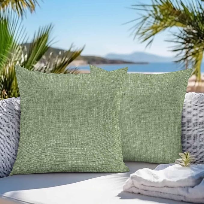 Vandarllin Outdoor Throw Pillows Covers 18x18 inch Set of 2 Waterproof Sage Green Linen Decorative Zippered Cushion Covers for Patio Furniture, Farmhouse Pure Color Lumbar Pillowcases