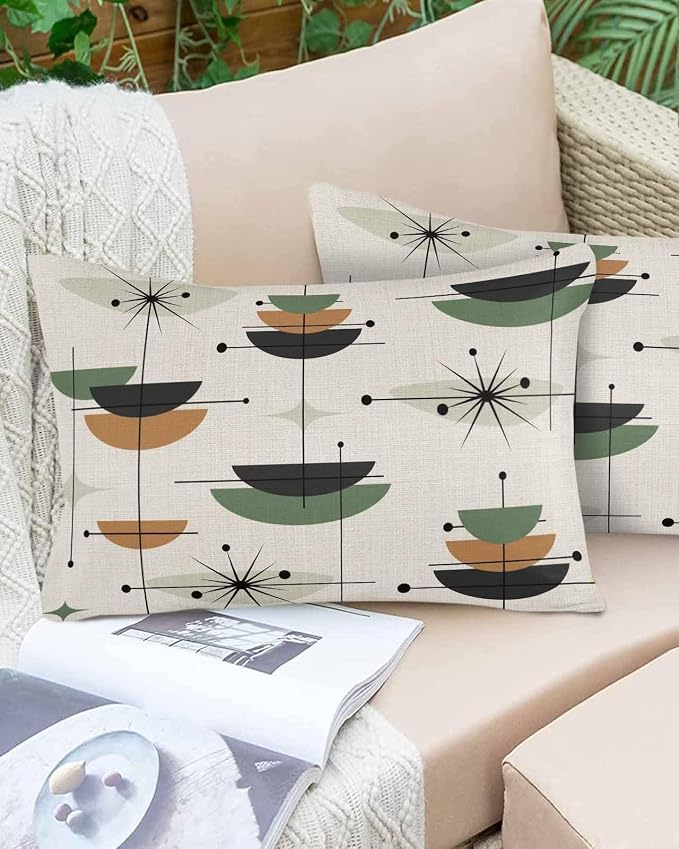 Vandarllin Outdoor Throw Pillows Covers 20x12 inch Set of 2 Waterproof Boho Mid Century Decorative Zippered Cushion Covers for Patio Furniture, Green Orange Geometric Abstract Lumbar Pillowcases
