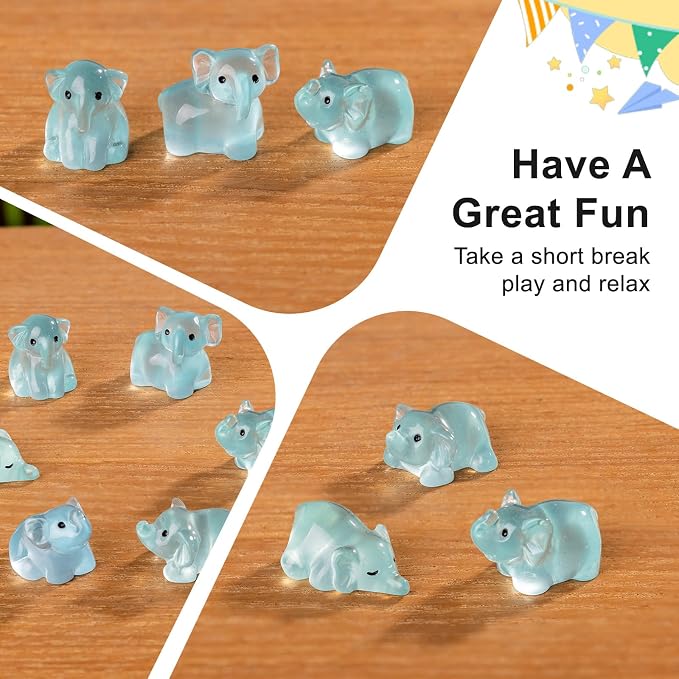 60 pcs Mini Resin Elephant Many Styles Variety Tiny Luminous Animals Figures Miniature Little Small Animal Figurines Bulk for Micro Fairy Garden Landscape Accessories Hide Crafts Decor Aquarium