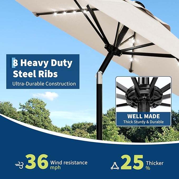 Garvee 9/10 FT Solar Patio Umbrella with 32 LED Lights - Outdoor Table Umbrella with Crank Lift, Push Button Tilt and 8 Sturdy Ribs - Market Umbrella UV Protection for Pool, Deck, Yard, Garden