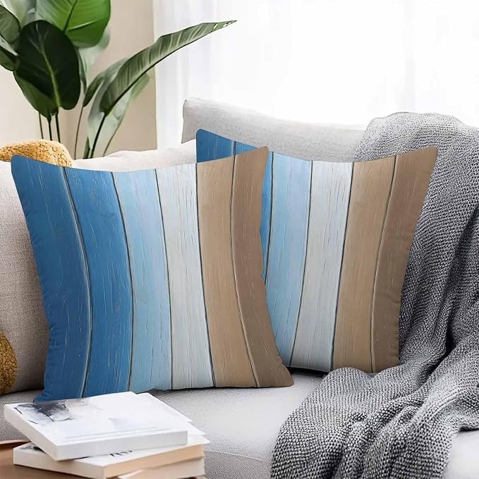 Throw Pillow Covers 16x16 Inch Set of 2, Blue Brown Waterproof Outdoor Cushion Covers, Gradient Wood Grain Farmhouse Country Decorative Pillowcases for Couch, Sofa, Bed, Garden, Patio