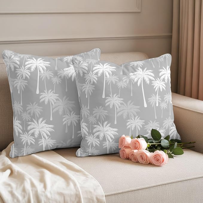 Throw Pillow Covers 18x18 Inch Set of 2, Tropical Palm Tree Waterproof Outdoor Pillow Covers, Gray White Plants Coastal Leaf Beach Decorative Cushion Pillowcases for Couch, Sofa, Bed, Garden, Patio