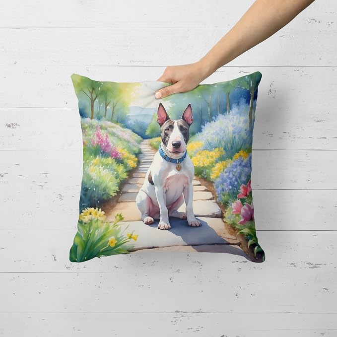 Caroline's Treasures Bull Terrier Spring Path Throw Pillow Machine Washable, Indoor Outdoor Decorative Pillow for Couch, Bed or Patio, 18Hx18W