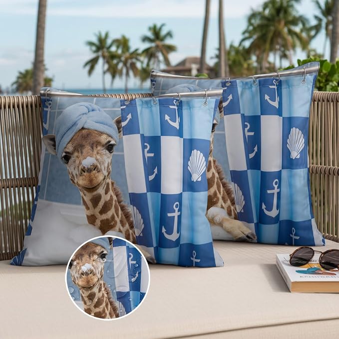 Bathing Giraffe Waterproof Outdoor Pillow Covers Set of 2 Home Decor, Funny Animal Showering Pillowcase Patio Pillow Covers for Couch Bench Patio Furniture Garden 16x16in