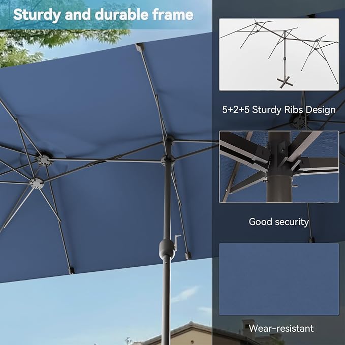 10 PCS Outdoor Patio Dining Set with 13.6ft Double-Sided Patio Umbrella,Patio Table and Chairs Metal Outdoor Patio Furniture Set,Dining Table Set with 8 Chairs,Navy Blue