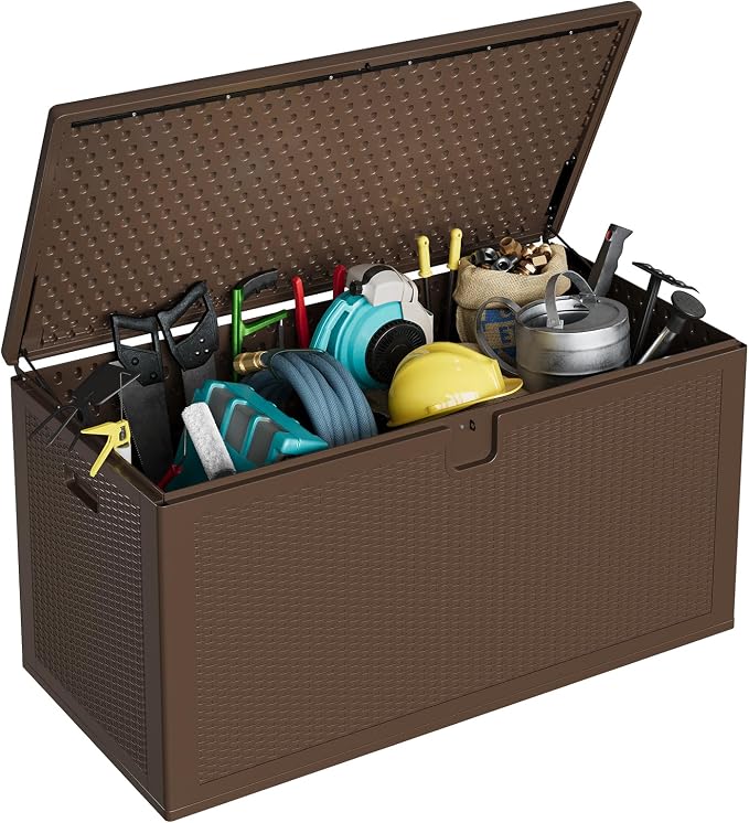 150 Gallon Resin Deck Box, Heavy Duty Outdoor Storage Box with Lockable Lid, Waterproof Weatherproof Container for Patio Cushions, Garden Tools, Backyard & Porch – Brown