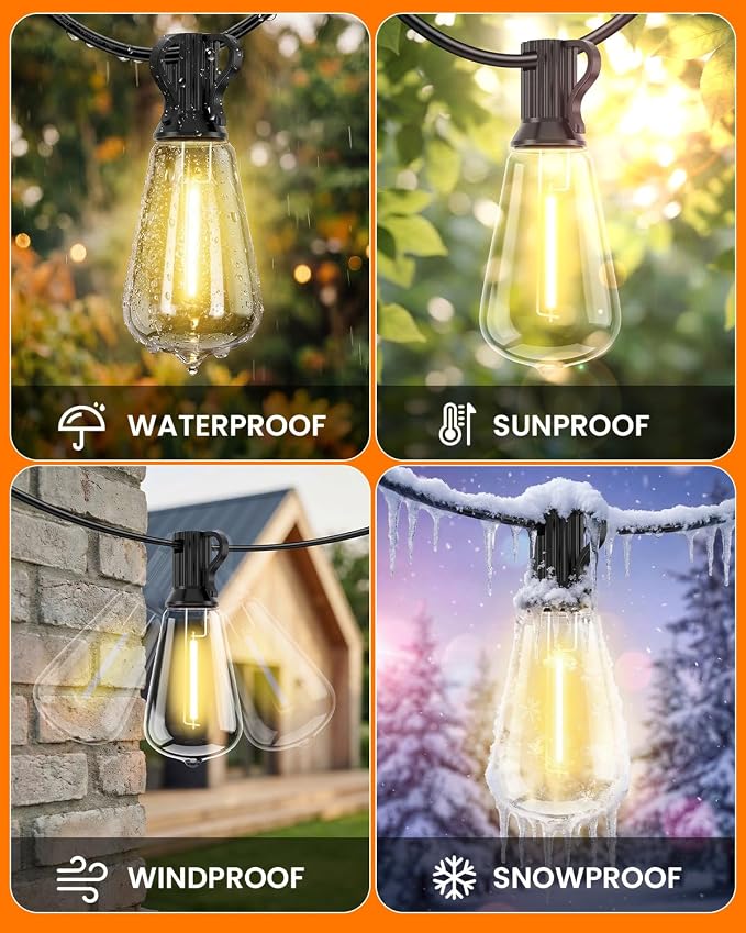 VOLIVO 100FT Outdoor String Lights for Patio, Waterproof Hanging Lights | 35+1 Shatterproof ST38 Edison Bulbs, Dimmable & Connectable Outside String Light for Backyard, Deck, Porch, Balcony