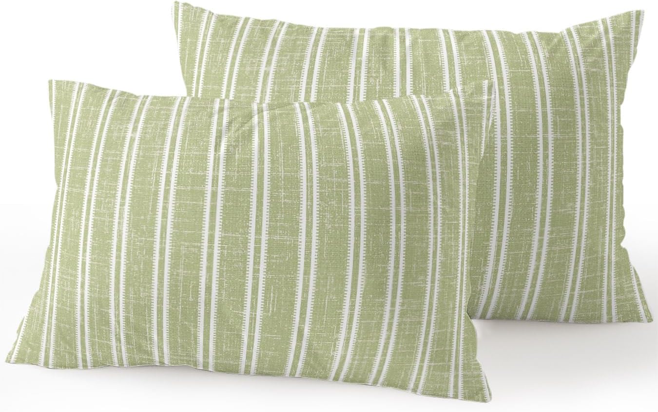 Waterproof Outdoor Pillow Set of 2 Sage Green Linen Striped Decorative Throw Pillows Cover & Insert 20x12 Inch Lumbar Pillowcase Vertical Stripes Lines Pillows for Couch Sofa Bed Patio Furniture