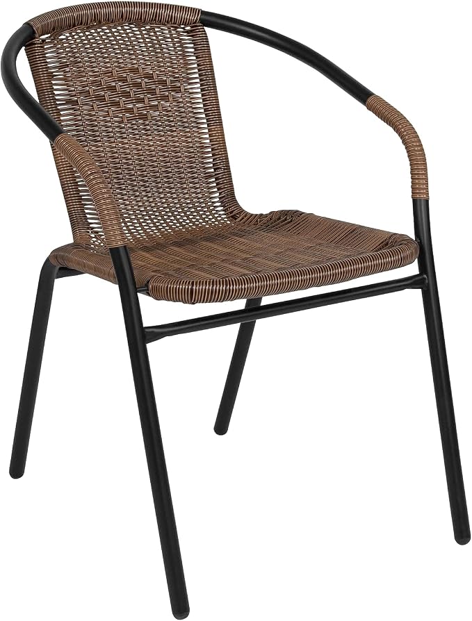 Flash Furniture Lila 28'' Square Glass Metal Table with Dark Brown Rattan Edging and 4 Dark Brown Rattan Stack Chairs