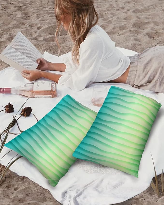 Outdoor Waterproof Pillow Covers Set of 2, Summer Abstract Geometric Gradient Turquoise Ocean Wave Patio Throw Pillow Covers, Decorative Cushion Case for Couch Sofa Furniture Garden, 20x12 Inch