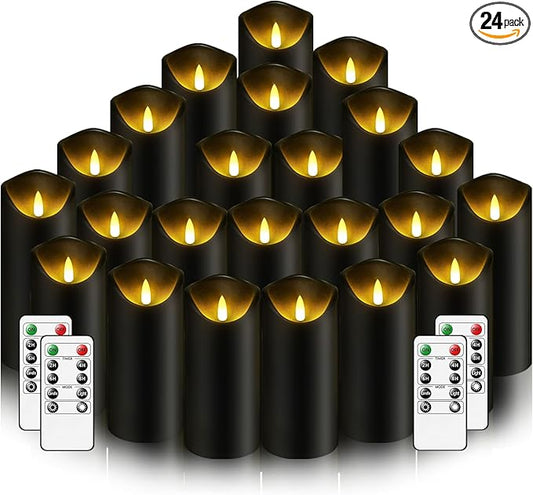 Nimiko Flameless Candles with Remote, Battery Operated Flickering Flameless Candles, LED Candles with Timer 2/4/6/8H, with Realistic LED Candles Set of 24 (D2.2 x H 5" 6" 7") (Black)