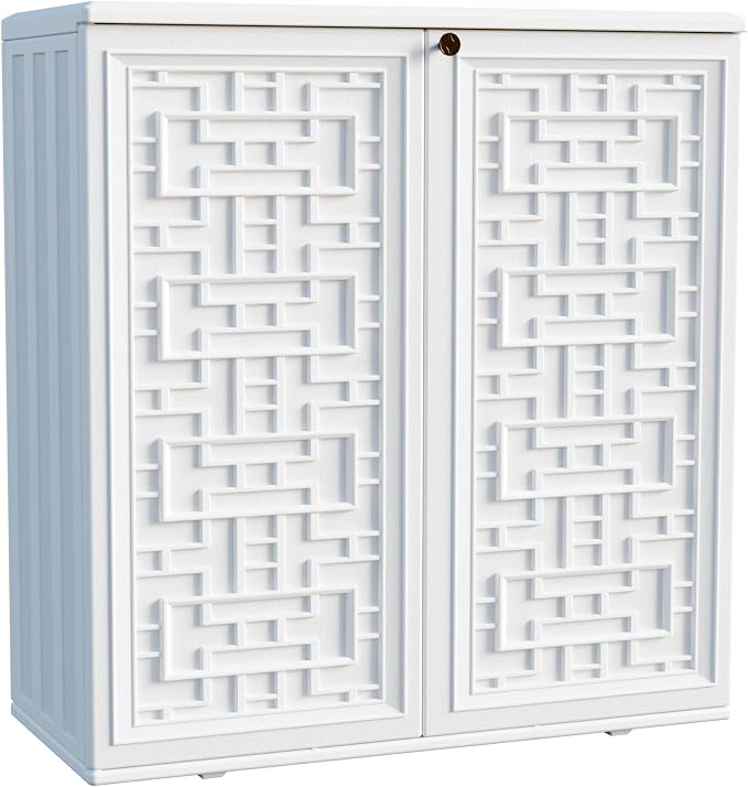 Mrosaa Indoor Outdoor Storage Cabinet Waterproof with Shelf, Off White Plastic Outdoor Cabinets for Patio/Garden/Backyard, Size 34.3''L*15''W*36.2''H