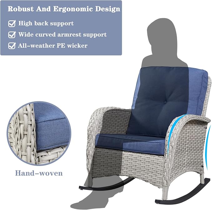 Belord Wicker Conversation Sets Patio Furniture 5 PCS Outdoor Rocking Chairs with Rattan Loveseat, Wicker Table and Chairs Set for Patio Deck Poolside Blue Cushion