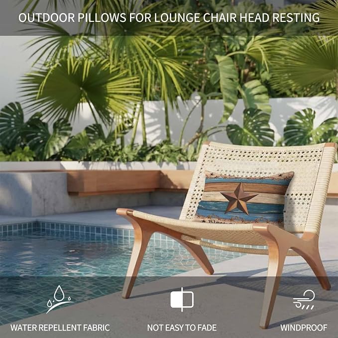 Western Texas Star Retro Outdoor Pillows for Chaise Lounge Chair Lumbar Pillows with Insert&Adjustable Strap Beach Headrest Pillow Country Farmhouse Dark Blue Brown Wooden Neck Pillow for Pool 12"x20"